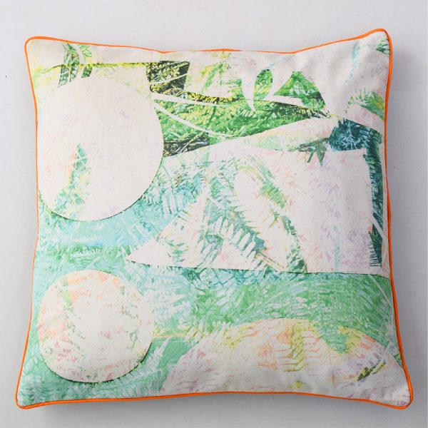 Kirsteen Stewart Fern cushion blues and greens with orange piping, including pad, size 43cm by 43c