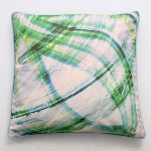 Kirsteen Stewart Everbay cushion in an abstract flowing pattern of blues and greens