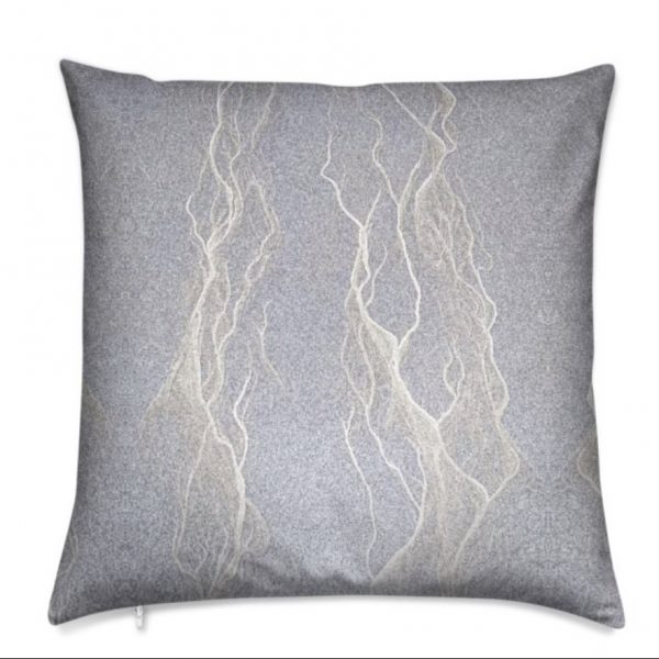 Kirsteen Stewart Mussetter designer cushion in shades of pale purple and grey with a cream streak